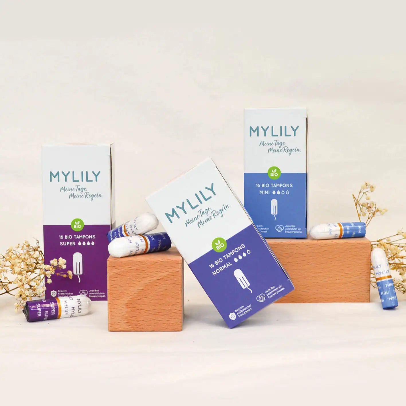 Die MYLILY Tampons bestehen aus GOTS zertifizierter Bio-Baumwolle, sind vegan und biologisch abbaubar und kompostierbar.