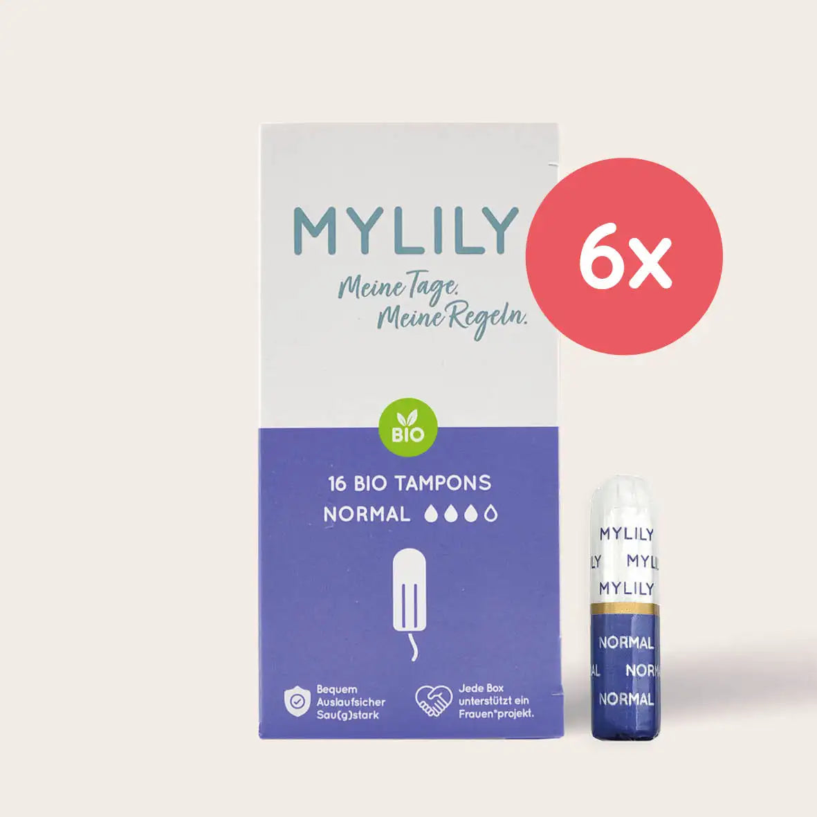 Spare mit dem 6er Sparpack. Bio Tampons aus Hamburg in verschiedenen Größen. Bequeme, auslaufsicher und saugstarke Periodenprodukt von MYLILY.