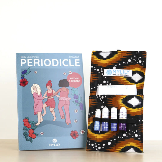 Aufklärung die erste Menstruation: mithilfe in der Box enthaltenen handgenähten Täschchen kannst du deine Periodenprodukte mitnehmen und das Periodicle bietet dir Aufklärung.