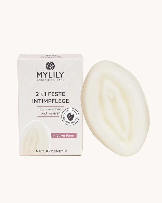 2in1 Intimpflege für Damen MYLILY Vulva Waschstück mit Verpackung Intimseife Stück. Die Vulvaseife für deine Intimwäsche