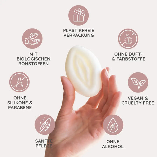 Das 2in1 Intimpflege Waschstück in Vulvaform plastikfrei, niedriger PH-Wert, biologische Rohstoffe, ohne Duftstoffe.
