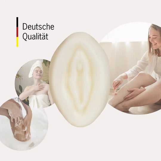 Das 2in1 MYLILY Vulva Waschstück ist hergestellt in Deutschland. Vulvaseife für deine sanfte Pflege im Intimbereich