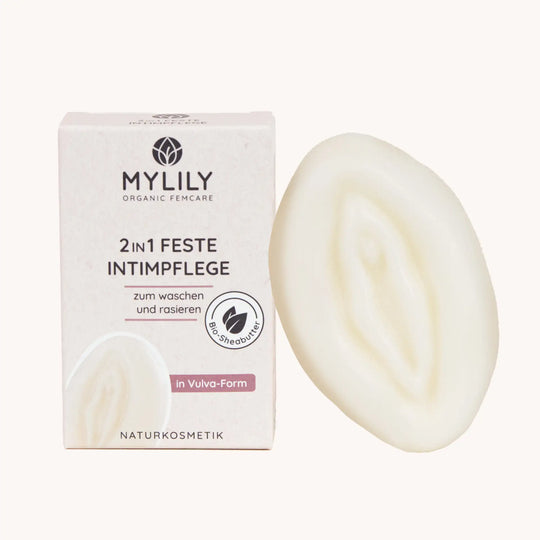 2in1 Intimpflege für Damen MYLILY Vulva Waschstück mit Verpackung Intimseife Stück. Die Vulvaseife für deine Intimwäsche