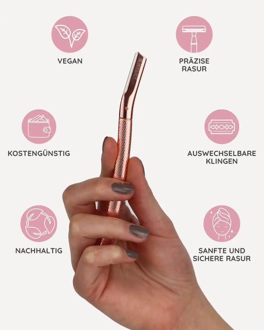 Unser Augenbrauenrasierer für eine nachhaltige Körperpflege. Vegan, kostengünstig, präzise und sanft. Für glatte und geschmeidige Haut. #farbe_rosegold