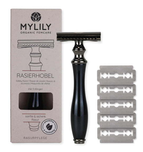 Der elegante Edelharz Rasierhobel in schwarz von MYLILY. Für eine schnelle, unkomplizierte Rasur. Der Rasierhobel für Frauen und Männer.