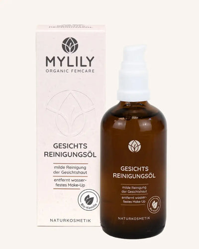 Das MYLILY Gesicht Reinigungsöl in Glasflasche für eine milde Reinigung der Gesichtshaut und als Makeup Entferner. 