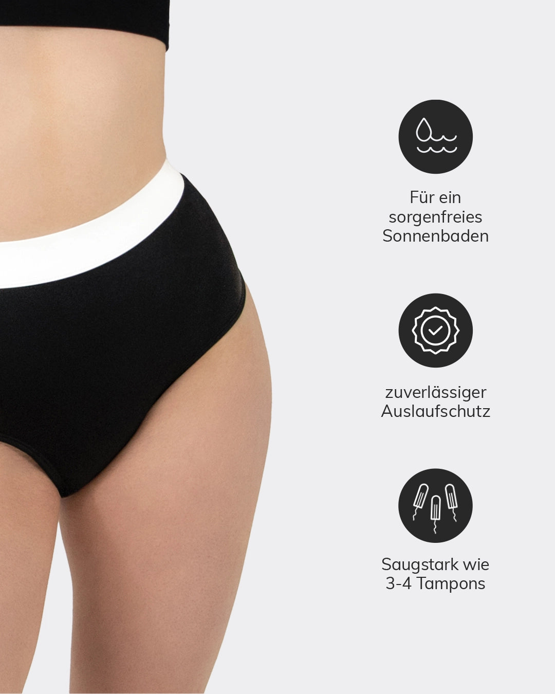 Die Perioden Bikini Hose kann dank Auslaufschutz bis zu 30ml Flüssigkeit aufnehmen.