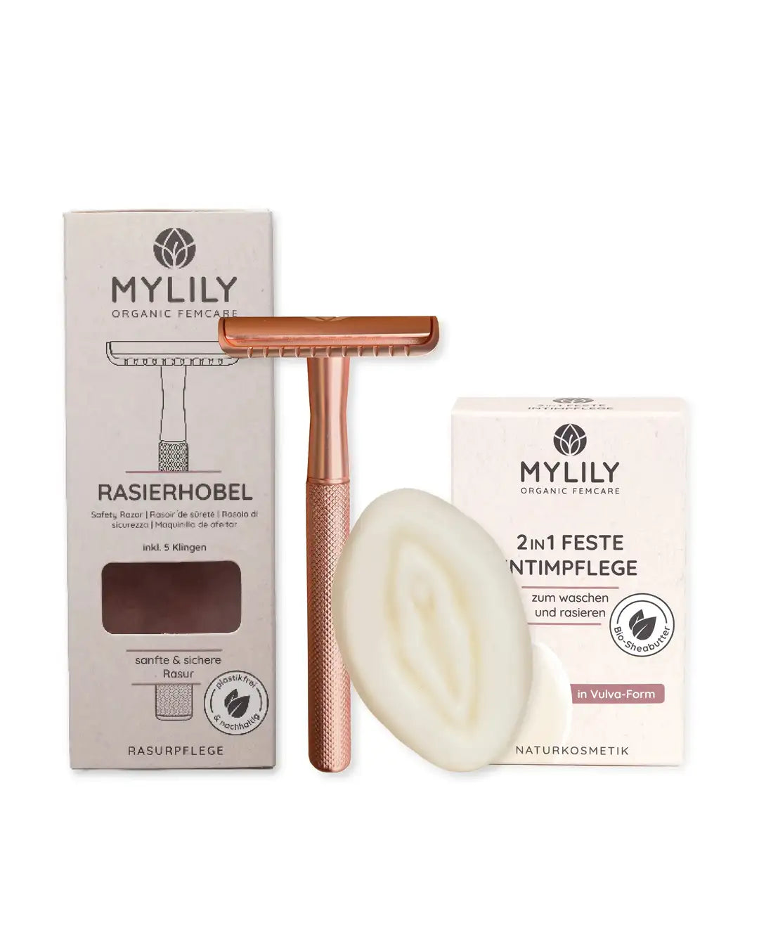 Das Rasierpflege Set von MYLILY beinhaltet savety Rasierhobel mit verschiedenen Farboptionen sowie ein Intimpflege Waschstück das zur Rasur des Intimbereichs geeignet ist.