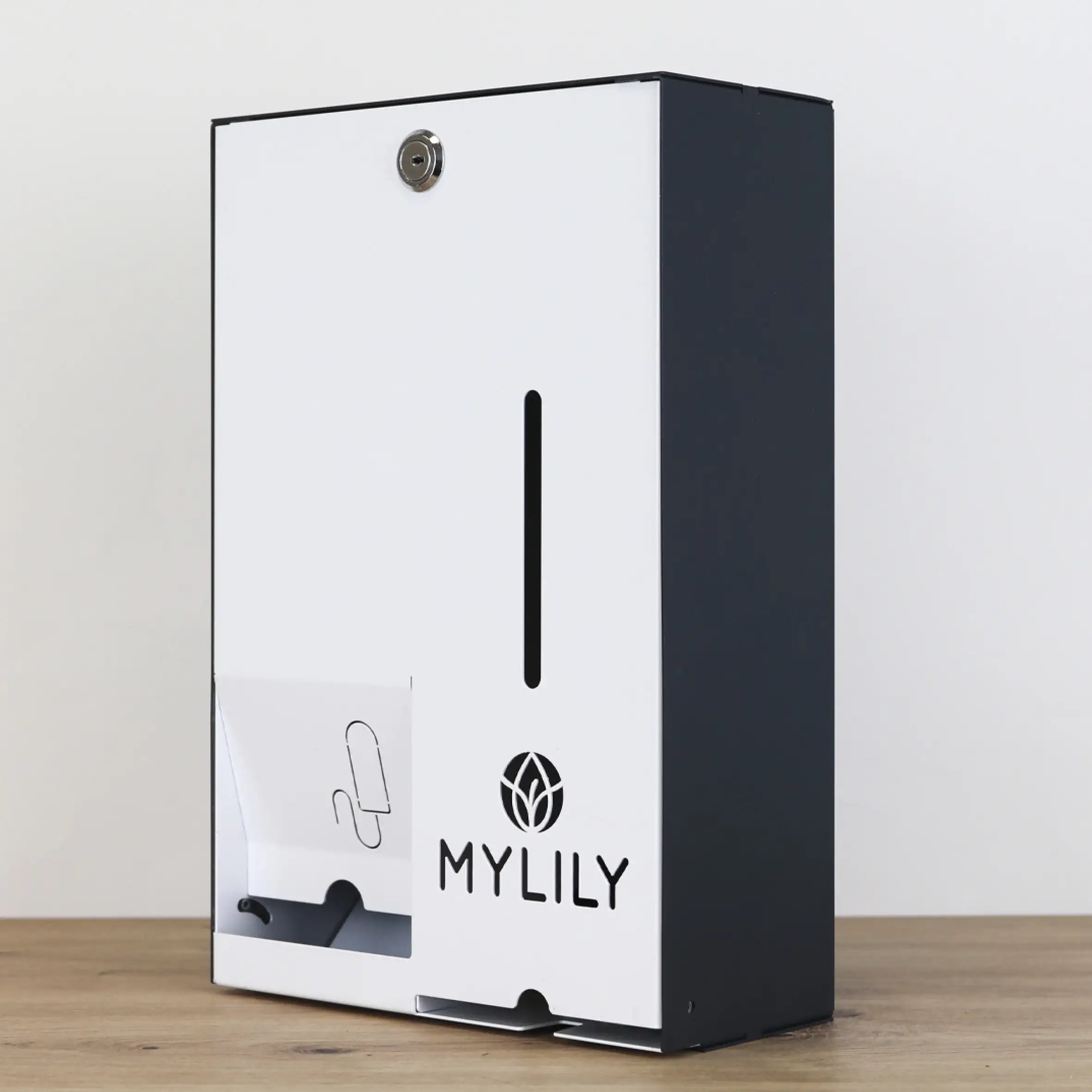 MYLILY Binden- und Tamponspender Basic für öffentliche Toiletten im schlichten weißen Design perfekt für Unternehmen, Universitäten und Schulen. Behälter zum Aufbewahren von Periodenprodukten wie Tampons und Binden.