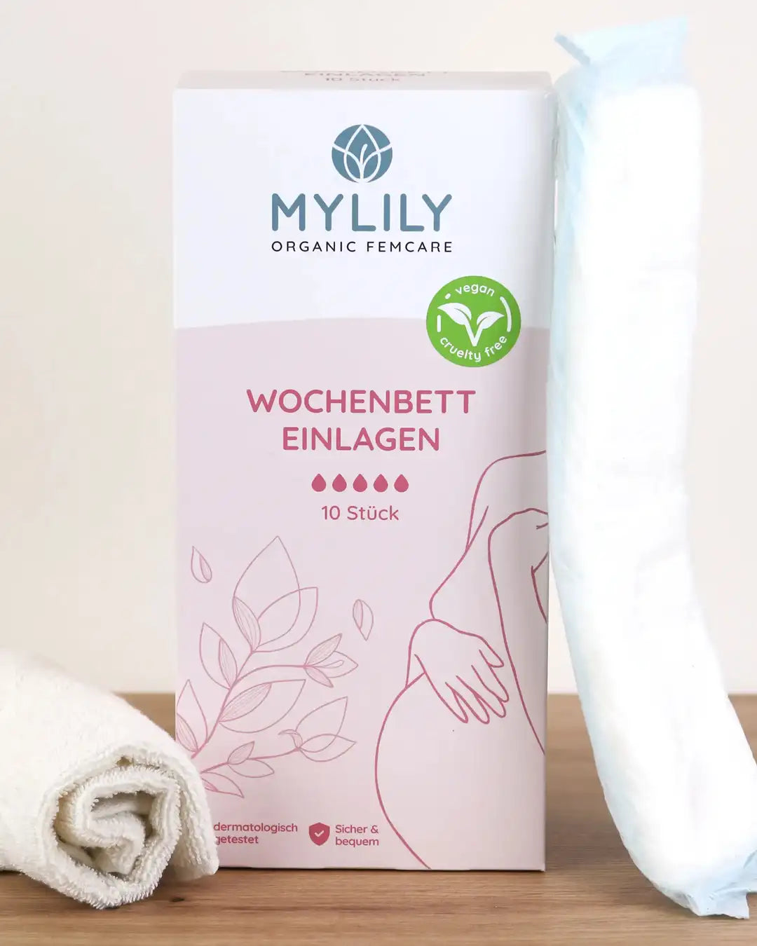 10 wochenbetteinlagen sind dermatologisch getestet, vegan, cruelty free, saugstark, sicher, bequem & made in germany von MYLILY.