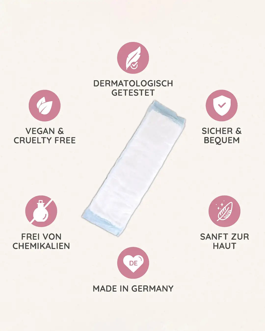 wochenbetteinlagen sind dermatologisch getestet, sicher, bequem und sanft zur haut. Die Einlagen sind made in germany, frei von chemikalien, vegan & cruelty free