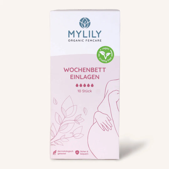 wochenbett einlagen von MYLILY organic femcare. binden für den ausfluss nach der schwangerschaft. extra saugstark