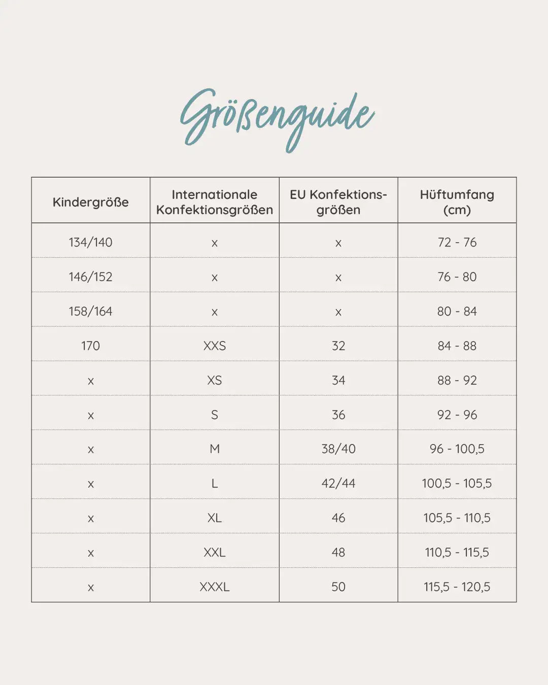 Größenguide für MYLILY Periodenslips für Teenager und Mädchen ab Größe 134