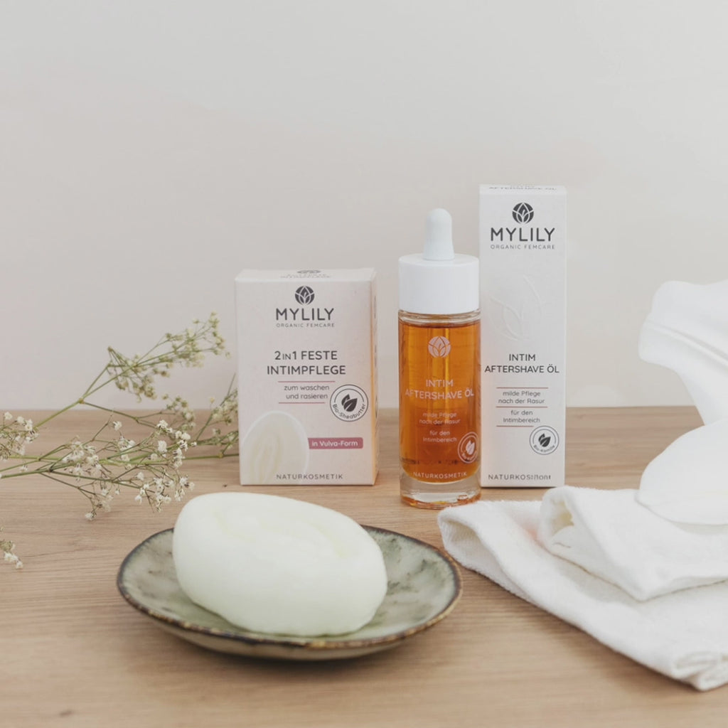 Unser MYLILY Intimpflege Vulva Care Set, um deine Rasier-Routine zu perfektionieren und deiner Vulva eine gründliche Pflege und schonende Rasur zu schenken. Naturkosmetik Kaufen