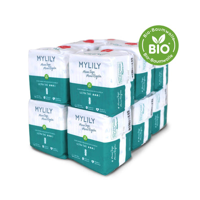 Die MYLILY Binden bestehen aus 100 % Bio-Baumwolle und sind frei von Parfüm, Chlor und Chemikalien. Der MYLILY Tampon und Bindenspender kann mit MYLILY Binden ausgestattet werden.